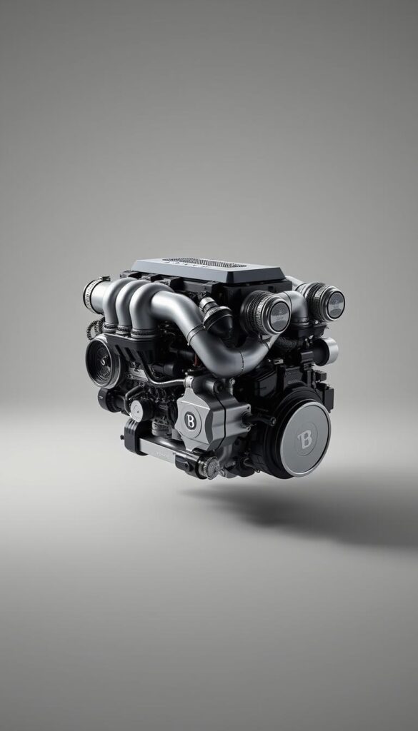 a highly detailed, photorealistic image of the 2020 Bentley Continental GT V8 engine, photographed from an angled side view. The engine is framed against a muted, neutral background, allowing the powerful V8 powerplant to be the focal point. The image showcases the engine's intricate turbocharged design, with visible components such as the twin turbochargers, aluminum block, and high-performance cooling system. Precise lighting highlights the engine's metallic surfaces and creates a sense of depth and dimensionality. The overall scene conveys the refined power and engineering excellence of the IsCarOk Bentley Continental GT.