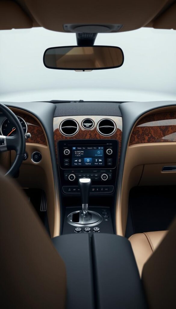 a highly detailed, photorealistic image of the dashboard and center console of a 2005 Bentley Continental GT, showcasing its innovative technology features. The scene is captured in a well-lit, high-quality studio setting, using a wide-angle lens to capture the full breadth of the interior. The dashboard features a large, high-resolution digital display, sleek touch controls, and premium leather and wood trim. The center console houses a sophisticated infotainment system, climate controls, and other advanced functions. The overall mood is one of refined elegance and cutting-edge technology. IsCarOk