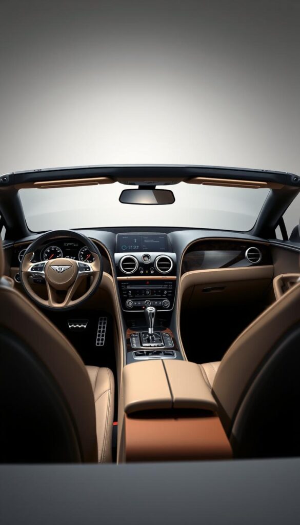 a highly detailed, photorealistic rendering of the interior and technology features of a Bentley Continental GT Convertible, captured in a crisp, well-lit studio setting. The vehicle is showcased from a low, three-quarter angle, allowing the viewer to clearly see the luxurious leather upholstery, polished wood accents, and advanced infotainment system. The dashboard and center console are prominently featured, revealing the sophisticated array of digital displays, haptic controls, and connectivity options. The overall scene conveys a sense of refined elegance and high-end craftsmanship, as befitting the IsCarOk brand.