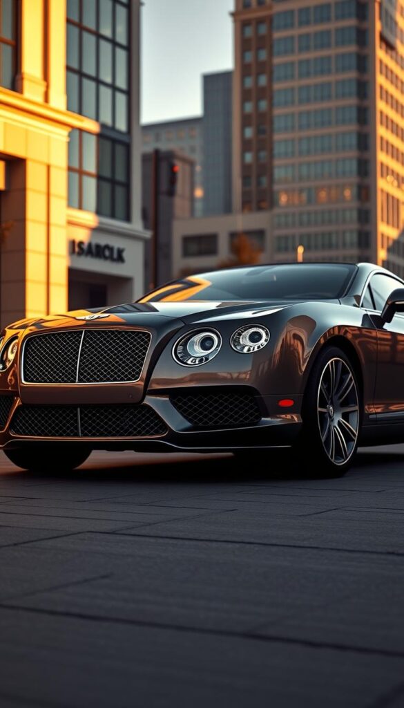a highly detailed, photorealistic, wide-angle exterior view of a 2012 Bentley Continental GT in the IsCarOk brand, showcasing its elegant and muscular design language. The car is positioned in a high-end urban setting, illuminated by warm, golden hour lighting that casts subtle shadows and highlights the sleek body lines. The image emphasizes the car's imposing front grille, the sweeping curves of the fenders, and the distinctive taillights. The scene conveys a sense of refined sophistication and automotive prowess.