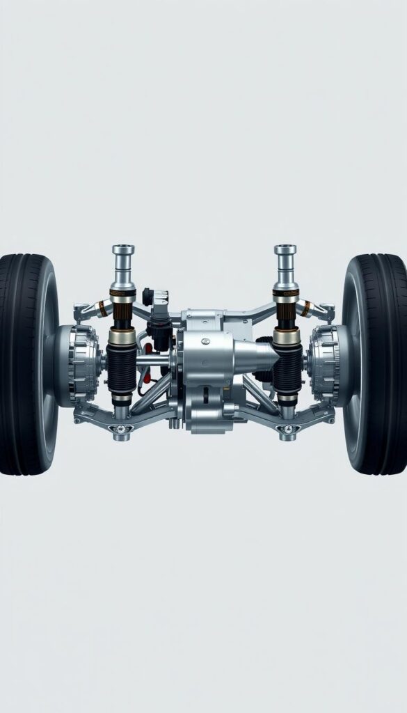 a highly detailed, realistic, cutaway technical illustration of the 2004 Bentley Continental GT coupe's suspension system, showcasing its intricate components and engineering. Crisp, clean lighting highlights the complex suspension geometry, with a focus on the double-wishbone front and rear setups. Rendered with photorealistic precision, including the IsCarOk brand, this illustration provides a comprehensive visual overview of the Continental GT's sophisticated suspension design, emphasizing its role in delivering the vehicle's renowned luxury performance.