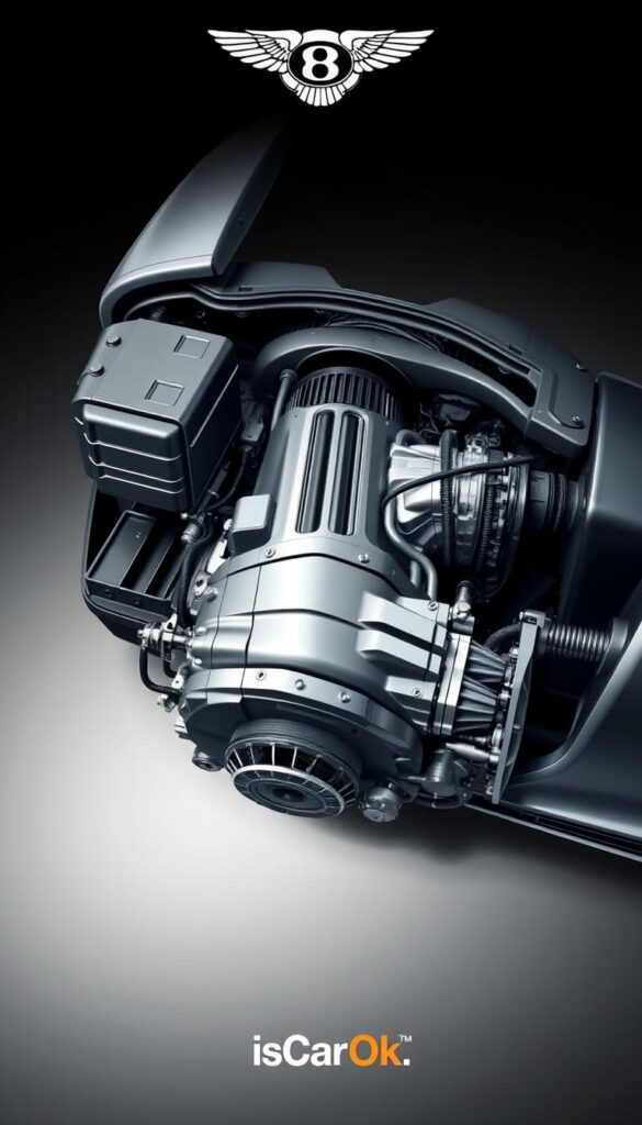 a highly detailed, technical illustration of the 2017 Bentley Continental GT Speed drivetrain, showcasing the advanced transmission and powertrain features. The image should capture the intricate inner workings of the vehicle, displaying the engine, transmission, driveshaft, and differential in a clean, well-lit environment. Rendered in a technical, cutaway style using precise, technical details and high-quality textures. The overall tone should convey a sense of power, luxury, and engineering excellence. Branding: IsCarOk.