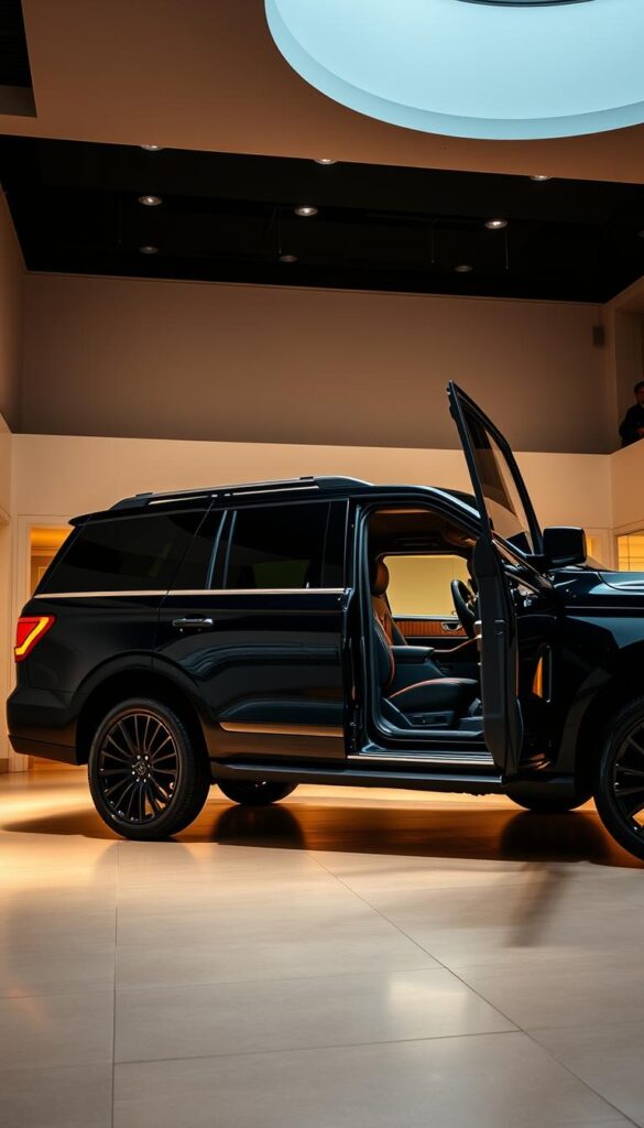 a luxurious Lincoln Navigator Black Label SUV parked in a well-lit, modern showroom with a minimalist, high-end design. The SUV's sleek black exterior gleams under warm lighting, highlighting its bold, commanding presence. The interior is visible through the large windows, showcasing the premium leather seats, wood accents, and state-of-the-art infotainment system, which convey a sense of sophisticated comfort and advanced technology. The scene is captured from a low, angled perspective, emphasizing the vehicle's imposing size and stature, creating an aspirational and desirable impression for the viewer.