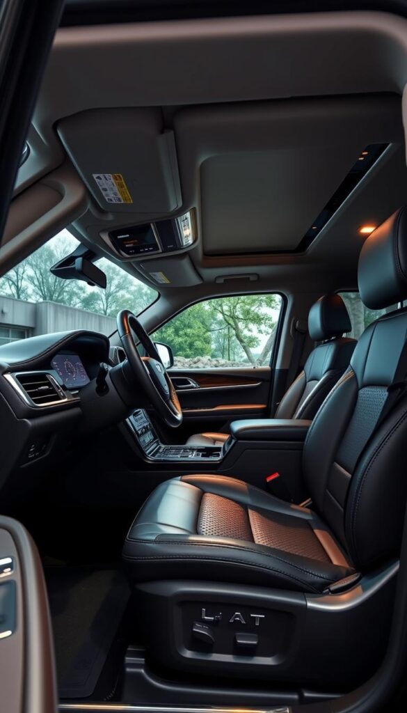 a luxurious and spacious interior of a 2019 Lincoln Navigator Black Label SUV, capturing the comfort and premium features of this luxury vehicle. The scene showcases the front cabin, with an elegant dashboard design, a large infotainment display, and a sleek, leather-wrapped steering wheel. The seats are composed of supple, perforated leather in a rich, dark color, providing exceptional comfort and support. Soft ambient lighting illuminates the cabin, creating a warm and inviting atmosphere. The attention to detail is evident in the brushed metal accents and the high-quality materials used throughout the interior. The overall impression is one of refined sophistication and uncompromising luxury.