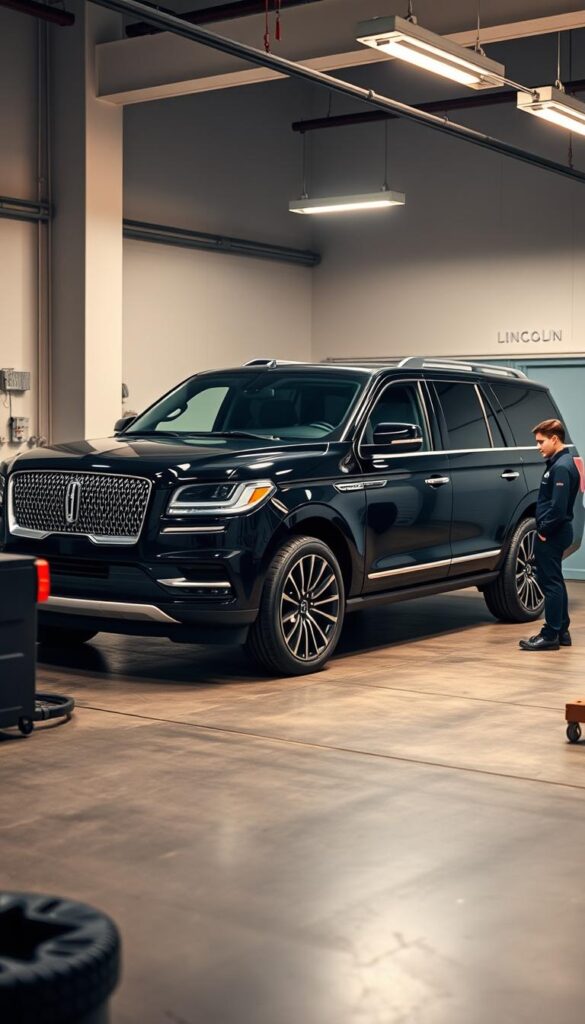 a luxury Lincoln Navigator SUV in sleek black color, parked in a well-lit modern garage setting with concrete floors and minimalist decor. The vehicle is the top-of-the-line Black Label trim, with distinctive chrome trim and elegant details. The scene conveys a sense of high-end maintenance and premium ownership experience, with tools, diagnostic equipment, and a uniformed technician visible in the foreground, tending to the SUV. Warm, indirect lighting creates a sophisticated ambiance, highlighting the Navigator's bold, angular design. The overall composition emphasizes the Lincoln's refined, luxurious character and the meticulous care it receives as part of the maintenance services.