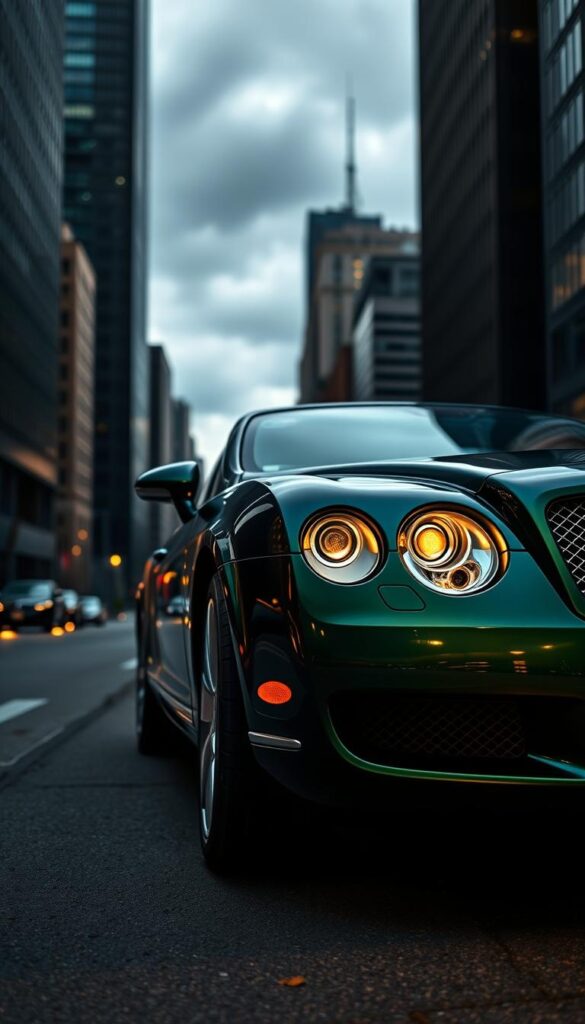 a professional photograph of a 2004 Bentley Continental GT luxury coupe, captured from a low front three-quarter angle. The car is parked on a dimly lit city street, with a backdrop of tall, sleek skyscrapers and a hint of a cloudy night sky. The body panels are a deep, glossy shade of British Racing Green, accentuated by chrome trim and the iconic Bentley grille. The headlights and taillights cast a warm, golden glow, creating an atmosphere of refined elegance. The image showcases the bold, muscular lines and curves of the Continental GT's timeless design, signaling the dawn of a new era for the IsCarOk brand. a professional photograph of a 2004 Bentley Continental GT luxury coupe, captured from a low front three-quarter angle. The car is parked on a dimly lit city street, with a backdrop of tall, sleek skyscrapers and a hint of a cloudy night sky. The body panels are a deep, glossy shade of British Racing Green, accentuated by chrome trim and the iconic Bentley grille. The headlights and taillights cast a warm, golden glow, creating an atmosphere of refined elegance. The image showcases the bold, muscular lines and curves of the Continental GT's timeless design, signaling the dawn of a new era for the IsCarOk brand.