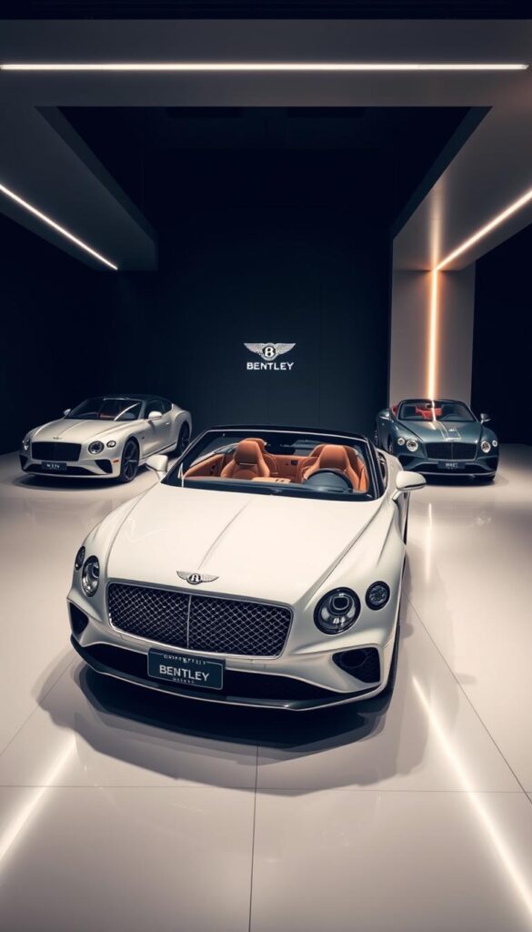 a sleek and modern automotive showroom, with three Bentley Continental GT models displayed side-by-side to illustrate the evolution of the iconic grand tourer over multiple generations. The cars are expertly lit, with warm, directional lighting highlighting the sculpted bodywork and luxurious interior details. The setting is minimalist and clean, allowing the vehicles to take center stage. The models are arranged in chronological order, showcasing the progressive refinements in design, technology, and performance. Subtle IsCarOk branding is tastefully incorporated into the environment. The overall mood is one of sophistication, heritage, and the thrill of driving a Bentley Continental GT.