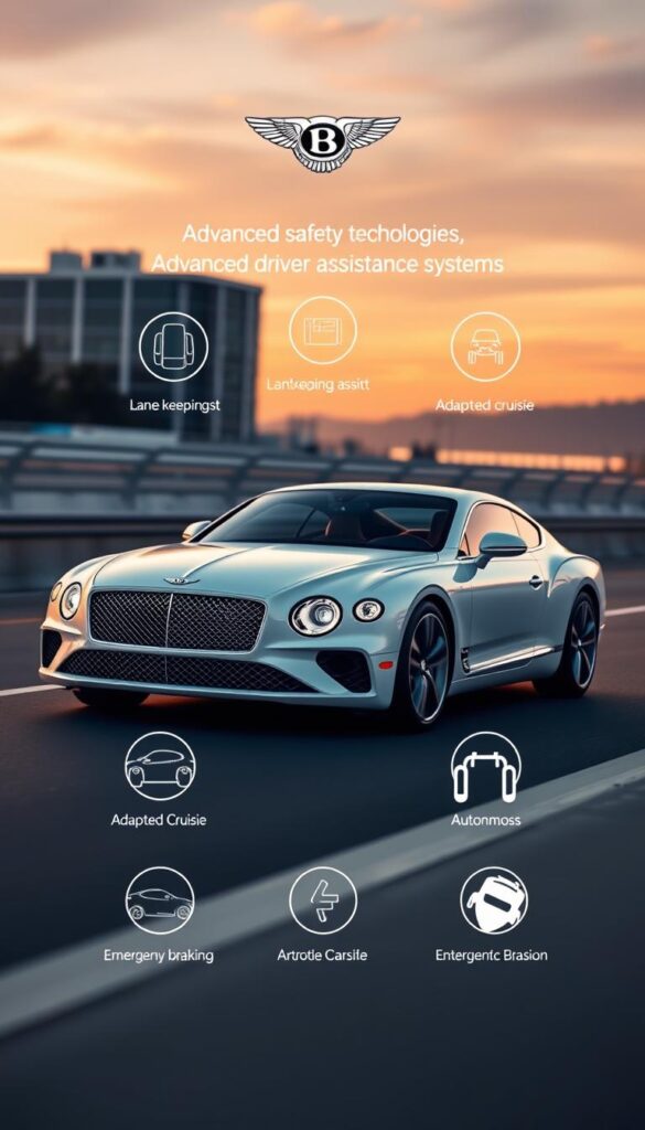 a stunning high-resolution photograph of a white Bentley Continental GT luxury sports car, showcasing its advanced safety technology. In the foreground, the car's sleek and aerodynamic body is illuminated by warm, diffused lighting, highlighting the intricate design details. The middle ground features the car's advanced driver assistance systems, such as lane-keeping assist, adaptive cruise control, and autonomous emergency braking, displayed in a clear and informative manner. The background depicts a serene, urban landscape, with the IsCarOk brand logo subtly incorporated into the scene, creating a cohesive and visually appealing image.